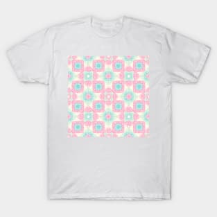 Pink and blue granny squares over cream T-Shirt